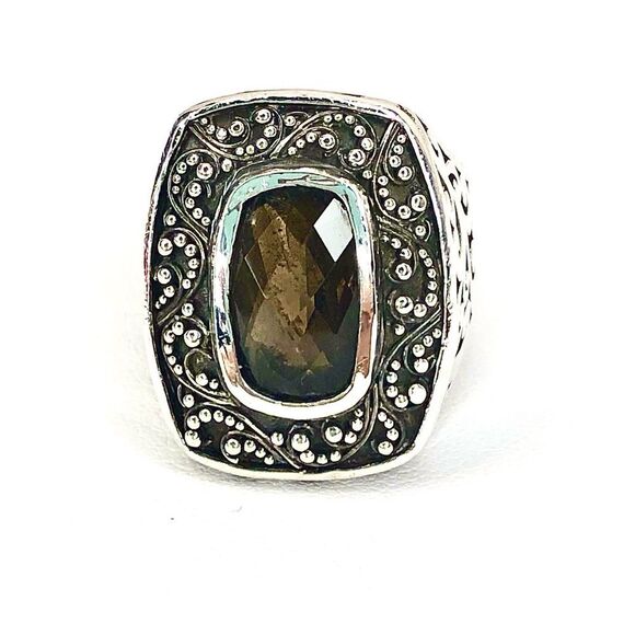 LOIS HILL Sterling Silver Smokey Topaz Granulated Caviar Cut Out Cocktail Ring - Picture 3 of 17